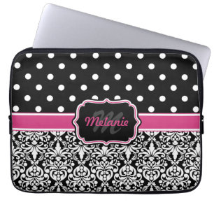 Shock rosa Black Monogrammed Damask Polka-punkt Laptop Fodral