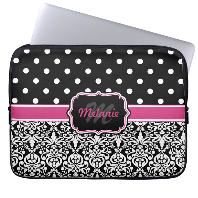 Shock rosa Black Monogrammed Damask Polka-punkt Laptop Fodral (Framsidan)