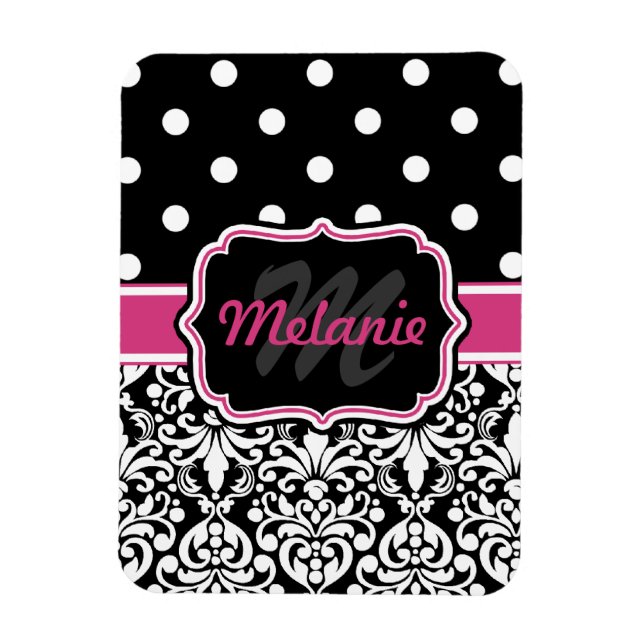 Shock rosa Black Monogrammed Damask Polka-punkt Magnet (Vertikal)