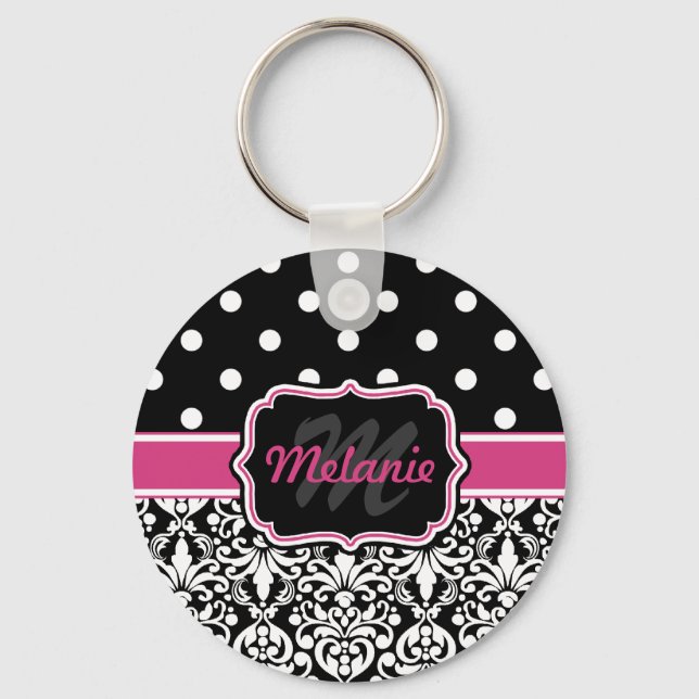 Shock rosa Black Monogrammed Damask Polka-punkt Nyckelring (Framsida)