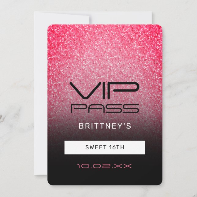 Shock rosa Black Ombre Glitter Sweet 16th VIP Pass Inbjudningar (Framsida)