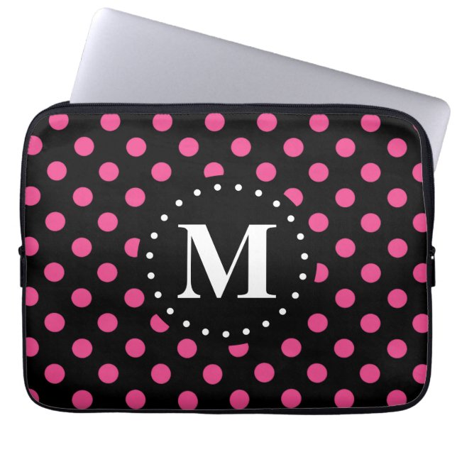 Shock rosa Black Polka dots Monogram Laptop Sleeve (Framsidan)