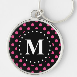 Shock rosa Black Polka dots Monogram Rund Silverfärgad Nyckelring
