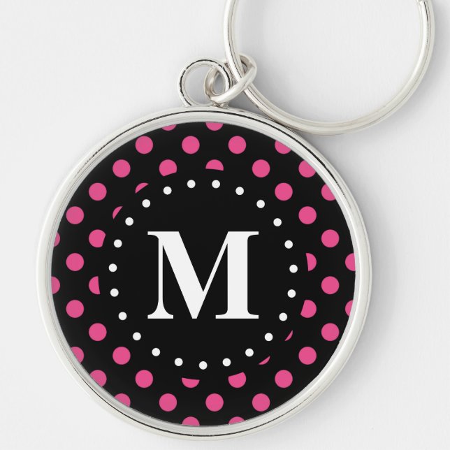 Shock rosa Black Polka dots Monogram Rund Silverfärgad Nyckelring (Framsidan)