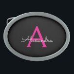 Shock rosa Black Script Girly Monogram Namn<br><div class="desc">Svartvit och Shock rosa Enkelt skript Monogram Namn Bälte Buckle. Detta gör perfekt studenten,  söt 16 16,  18,  21,  30,  40,  50,  60,  70,  80,  90:e,  100-årsdag,  bröllop,  möhippa,  årsdag,  babydusch eller bachelorette-gåva till någon som glam lyx och chic stilar.</div>