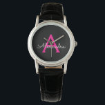 Shock rosa Black Script Girly Monogram Namn Armbandsur<br><div class="desc">Svart och Shock rosa Enkel skript Monogram Namn Watch. Det gör perfekt studenten,  födelsedag,  bröllop,  möhippa,  årsdag,  babydusch eller bachelorette-fest till någon som glam lyx och chic stilar.</div>
