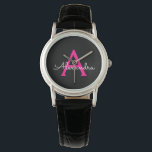 Shock rosa Black Script Girly Monogram Namn Armbandsur<br><div class="desc">Svart och Shock rosa Enkel skript Monogram Namn Watch. Det gör perfekt studenten,  födelsedag,  bröllop,  möhippa,  årsdag,  babydusch eller bachelorette-fest till någon som glam lyx och chic stilar.</div>