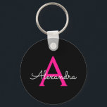 Shock rosa Black Script Girly Monogram Namn Nyckelring<br><div class="desc">Svart och Shock rosa Enkel Namn nyckelringar i skriptformat (Nyckelring). Det gör perfekten söt 16-årsjubileum,  bröllop,  möhippa,  årsdag,  babydusch eller bachelorette-fest för någon som glam lyxen och chic stilar i kärlek.</div>
