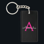 Shock rosa Black Script Girly Monogram Namn Nyckelring<br><div class="desc">Nyckelkedjan Svart och Shock rosa Enkel skript i Monogram Namn. Det gör perfekten söt 16-årsjubileum,  bröllop,  möhippa,  årsdag,  babydusch eller bachelorette-fest för någon som glam lyxen och chic stilar i kärlek.</div>