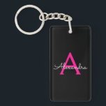 Shock rosa Black Script Girly Monogram Namn Nyckelring<br><div class="desc">Nyckelkedjan Svart och Shock rosa Enkel skript i Monogram Namn. Det gör perfekten söt 16-årsjubileum,  bröllop,  möhippa,  årsdag,  babydusch eller bachelorette-fest för någon som glam lyxen och chic stilar i kärlek.</div>