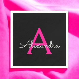 Shock rosa Black Script Girly Monogram Namn Pappersservett