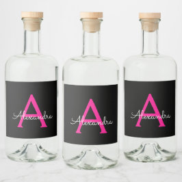 Shock rosa Black Script Girly Monogram Namn Spritflaskor Etikett