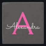 Shock rosa Black Script Girly Monogram Namn Stenunderlägg<br><div class="desc">Svart och Shock rosa Enkelt skript,  Monogram Namn Stone Tile. Det gör perfekt studenten,  söt 16-årsdag,  bröllop,  möhippa,  årsdag,  babydusch eller bachelorette-fest till någon som kärlek glam lyx och chic stilar.</div>