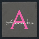 Shock rosa Black Script Girly Monogram Namn Stenunderlägg<br><div class="desc">Svart och Shock rosa Enkelt skript,  Monogram Namn Stone Tile. Det gör perfekt studenten,  söt 16-årsdag,  bröllop,  möhippa,  årsdag,  babydusch eller bachelorette-fest till någon som kärlek glam lyx och chic stilar.</div>