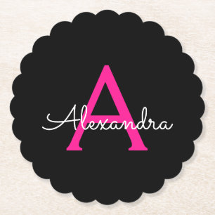 Shock rosa Black Script Girly Monogram Namn Underlägg Papper