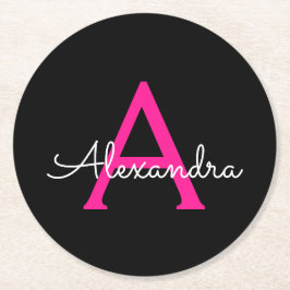 Shock rosa Black Script Girly Monogram Namn Underlägg Papper Rund