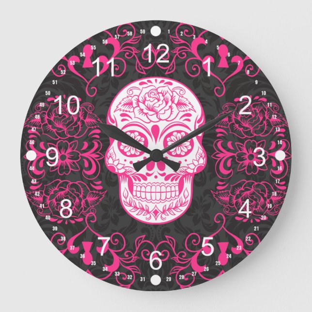 Shock rosa Black Sugar Skull Ro Gothic Grunge Stor Klocka (Framsida)
