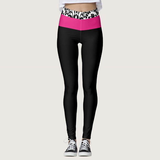 Shock rosa Black & White Damask Chic Gym Lounge Leggings (Framsida)
