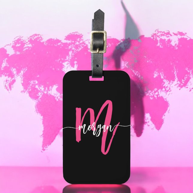 Shock rosa Black World Traveler Monogram Namn Bagagebricka (Skapare uppladdad)
