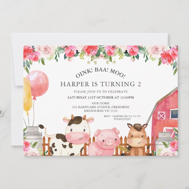 Shock rosa Blommigt Boskap Bubblor Birthday Inbjudningar (Framsida)