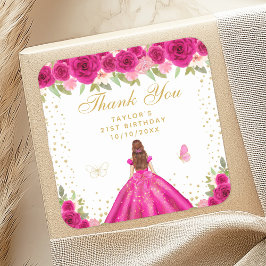 Shock rosa Blommigt Brown Hair Princess Födelsedag Fyrkantigt Klistermärke