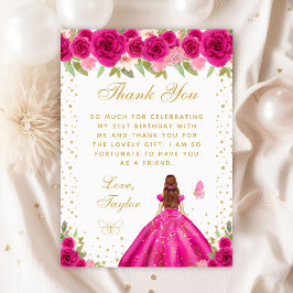 Shock rosa Blommigt Brown Hair Princess Födelsedag Tack Kort