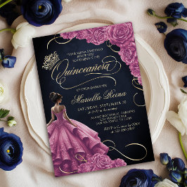 Shock rosa Blommigt Dress Quinceañera Inbjudningar