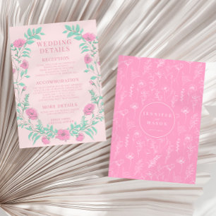 Shock rosa blommigt elegant boho bröllop-informati tilläggskort