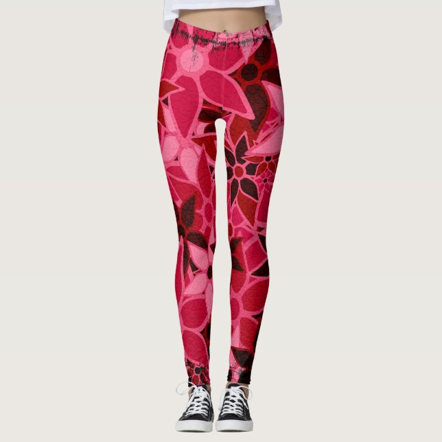 Shock rosa Blommigt Leggings (Framsida)