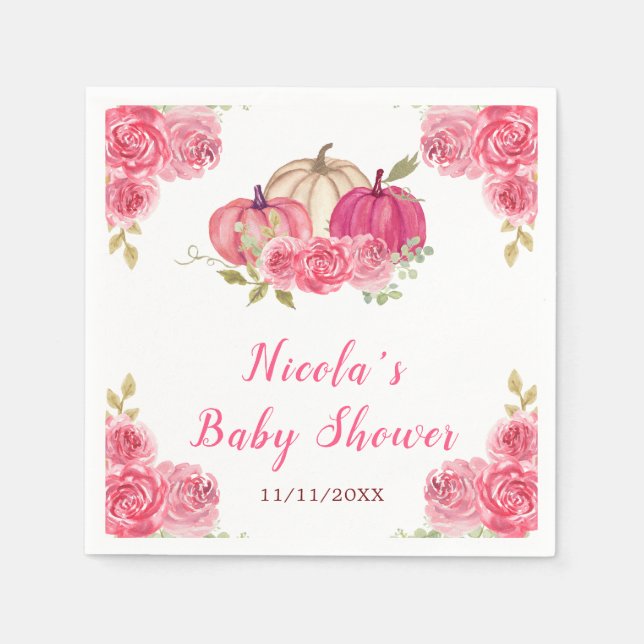Shock rosa Blommigt Pumpkins Baby Shower Pappersservett (Framsidan)