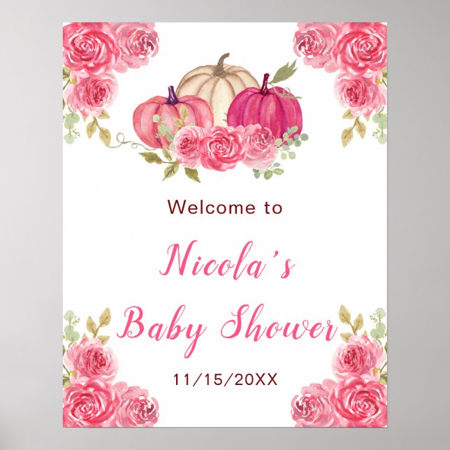 Shock rosa Blommigt Pumpkins Baby Shower Poster (Framsidan)