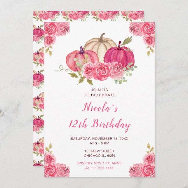 Shock rosa Blommigt Pumpkins Birthday Inbjudningar (Fram/baksida)