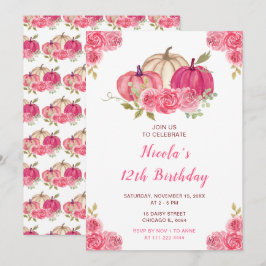 Shock rosa Blommigt Pumpkins Birthday Inbjudningar