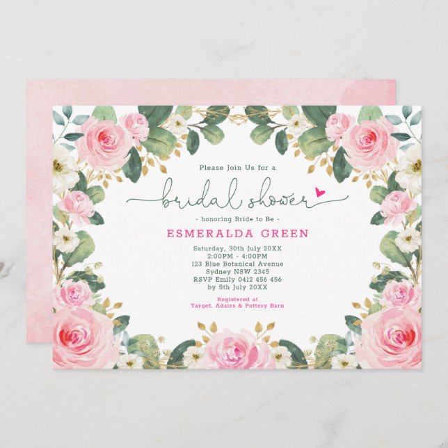 Shock rosa Blommigt Ro Greenery Garden Möhippa Inbjudningar (Fram/baksida)