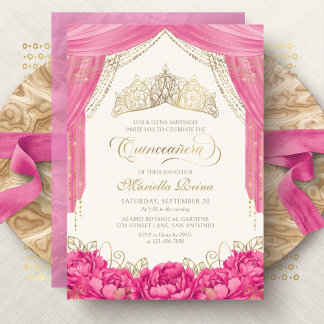 Shock rosa Blommigt Tiara Girly Quinceanera Inbjudningar