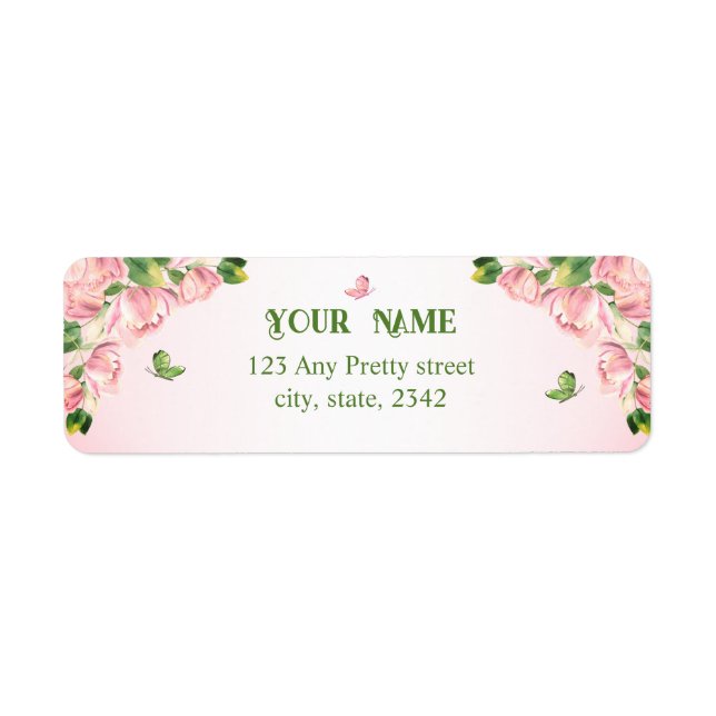 shock rosa blommor grönt löv bröllop returadress etikett (Framsidan)