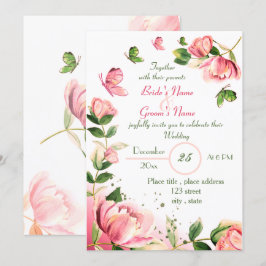 shock rosa blommor grönt löv butterflies bröllop inbjudningar