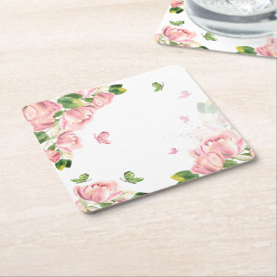 shock rosa blommor grönt löv butterflies underlägg papper kvadrat