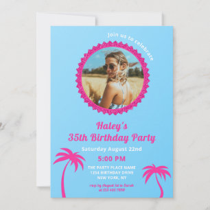 Shock rosa & Blue Modern Photo 35e Birthday Inbjudningar
