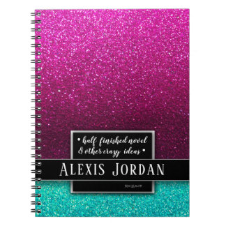 Shock rosa Blue Ombre Glitter Black White Monogram Anteckningsbok