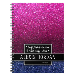 Shock rosa Blue Ombre Glitter Black White Monogram Anteckningsbok