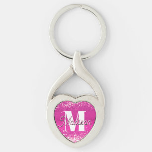 Shock rosa Bokeh Monogram Twisted Heart Silverfärgad Nyckelring