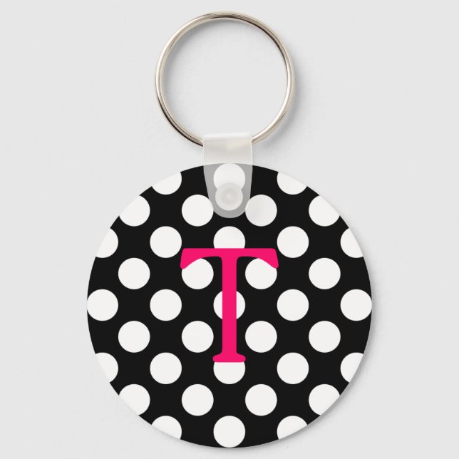 Shock rosa Brev T Monogram Black White Polka Dot Nyckelring (Framsida)