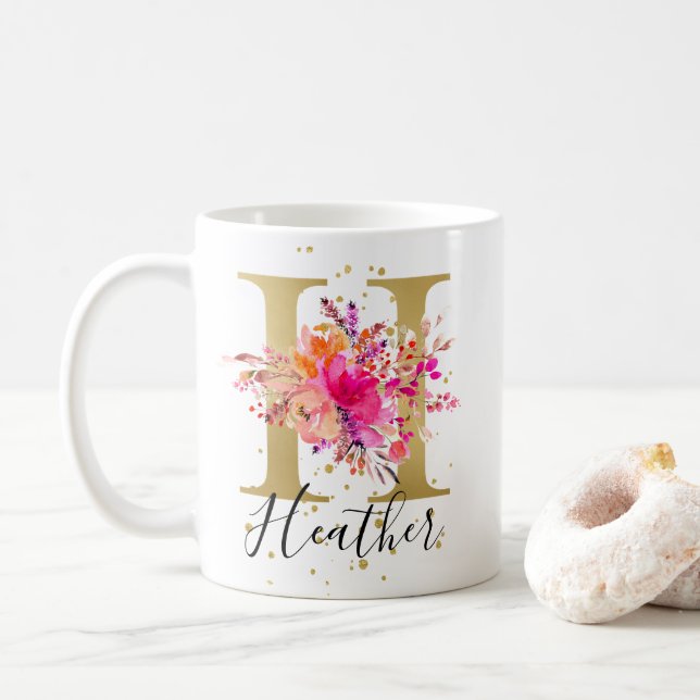 Shock rosa Bright Blommigt Brev H Monogram Kaffemugg (Med munk)
