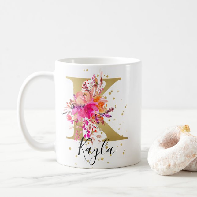 Shock rosa Bright Blommigt Brev K Monogram Kaffemugg (Med munk)