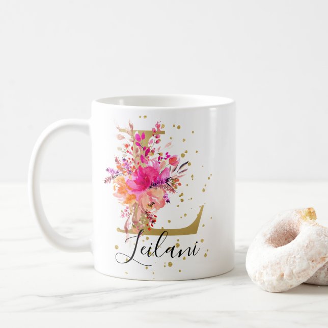 Shock rosa Bright Blommigt Brev L Monogram Kaffemugg (Med munk)
