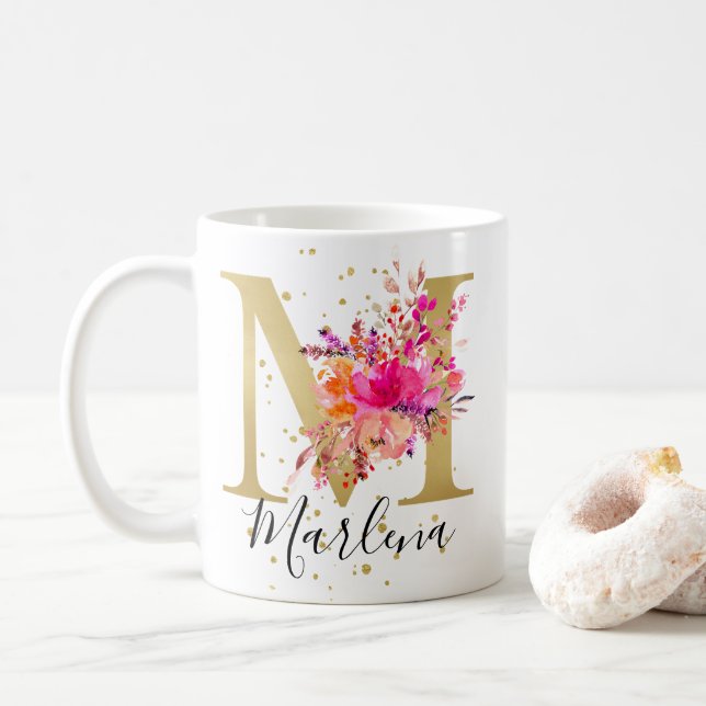 Shock rosa Bright Blommigt Brev M Monogram Kaffemugg (Med munk)