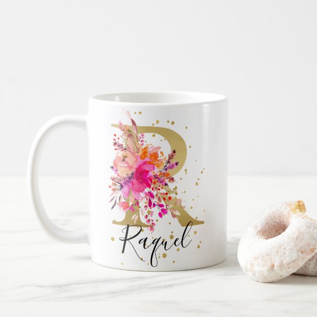 Shock rosa Bright Blommigt Brev R Monogram Kaffemugg (Med munk)