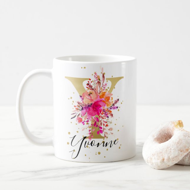 Shock rosa Bright Blommigt Brev Y Monogram Kaffemugg (Med munk)