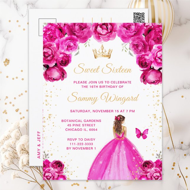 Shock rosa Brown Hair Princess Sweet sixteen Vykort (Skapare uppladdad)